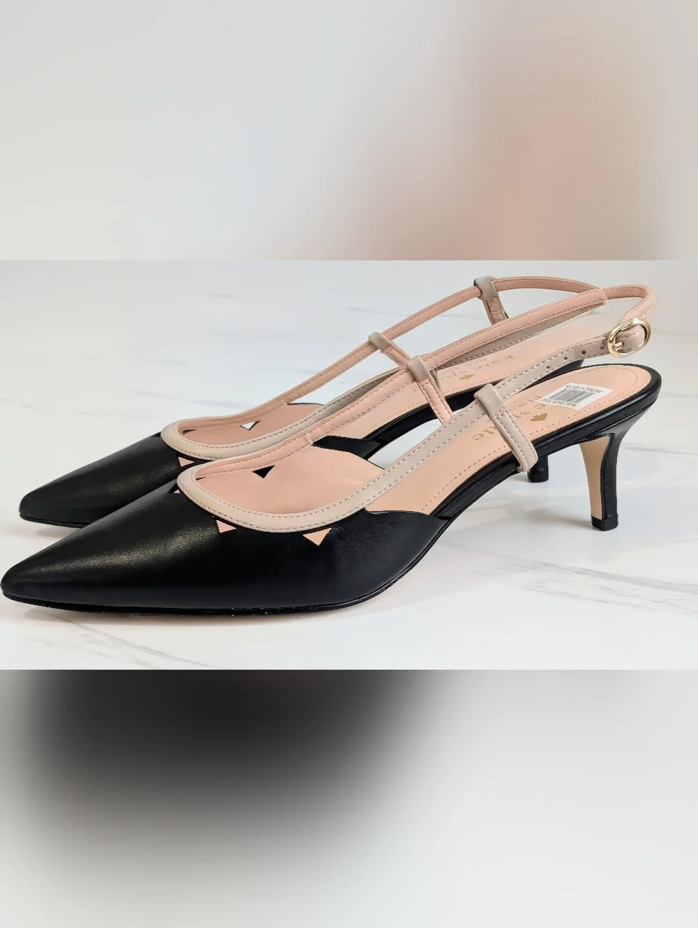 Kate Spade Veyda Slingback Kitten Heels Black Warm Beige Pointed Toe 8B NWOB